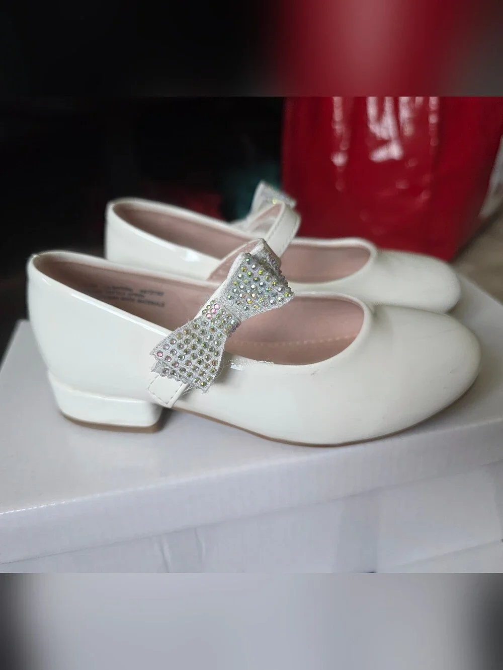 Kelly & Katie White Girls' Mary Jane Flat with Rhinestone Bow Accent